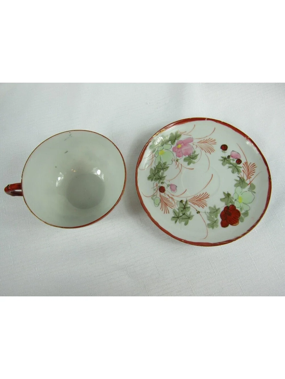 Antique Floral Red Pink Green & Gold Accent Tea Cup & Saucer Set Hand Painted